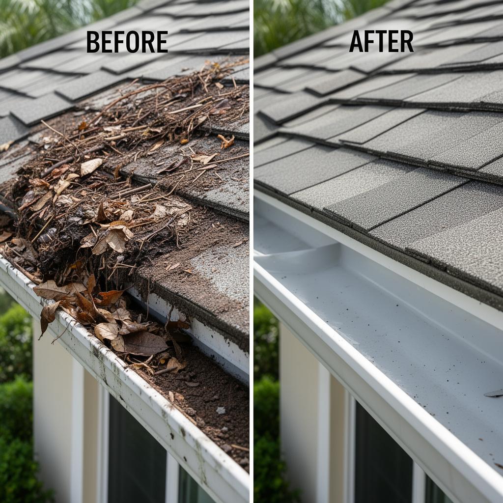 Gutter Cleaning before and after by Sunscape Home Solutions LLC